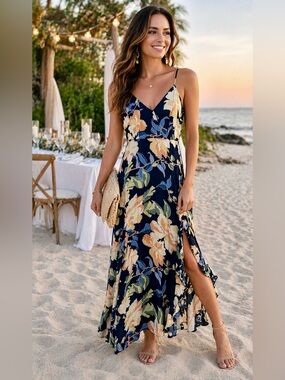 Olivia Grey Daily Look Floral Surplice Maxi Dress M Navy Side Slit Ruffle